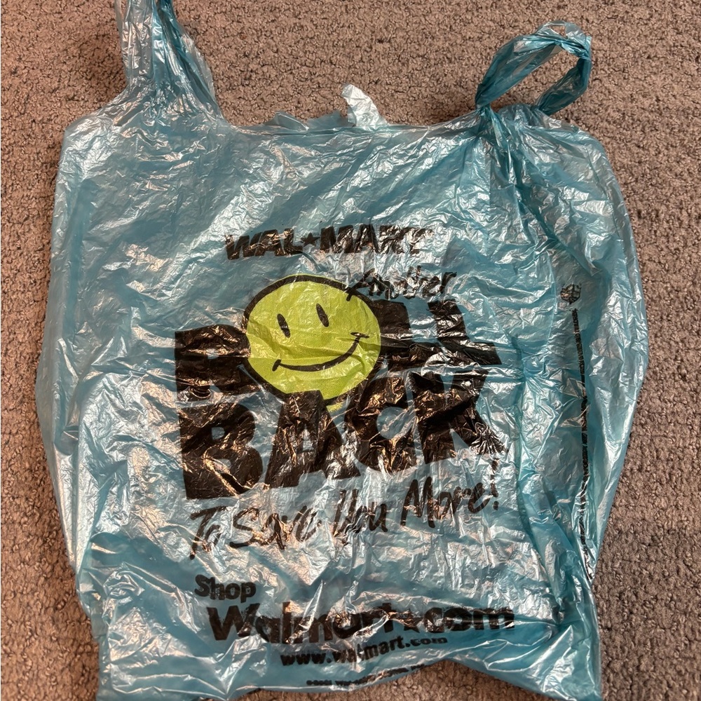 Vintage Walmart Blue Smiley Face Roll Back Plastic Bag 11” x 21”